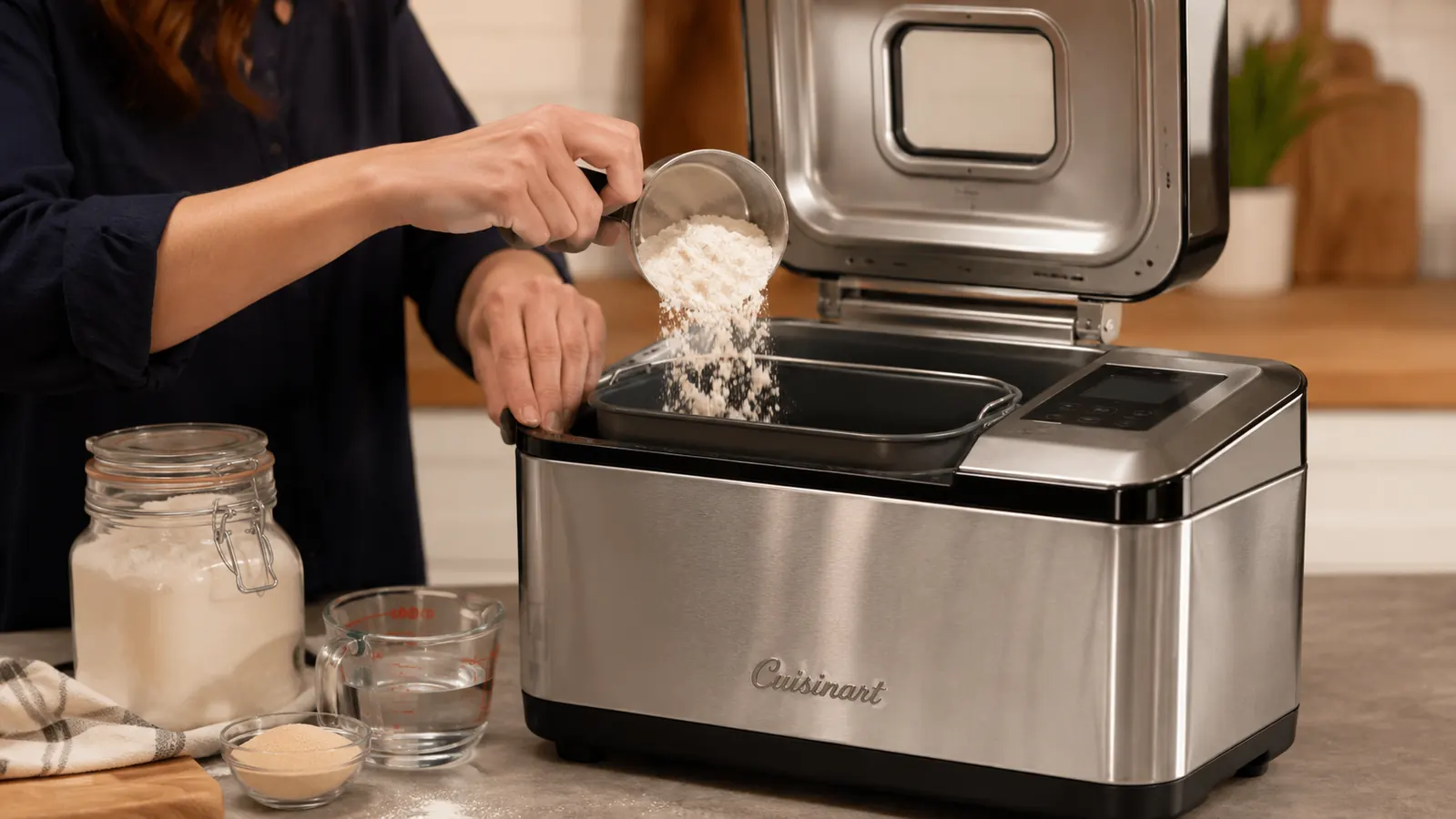 Hand adding flour into the bread machine's baking pan before starting a loaf