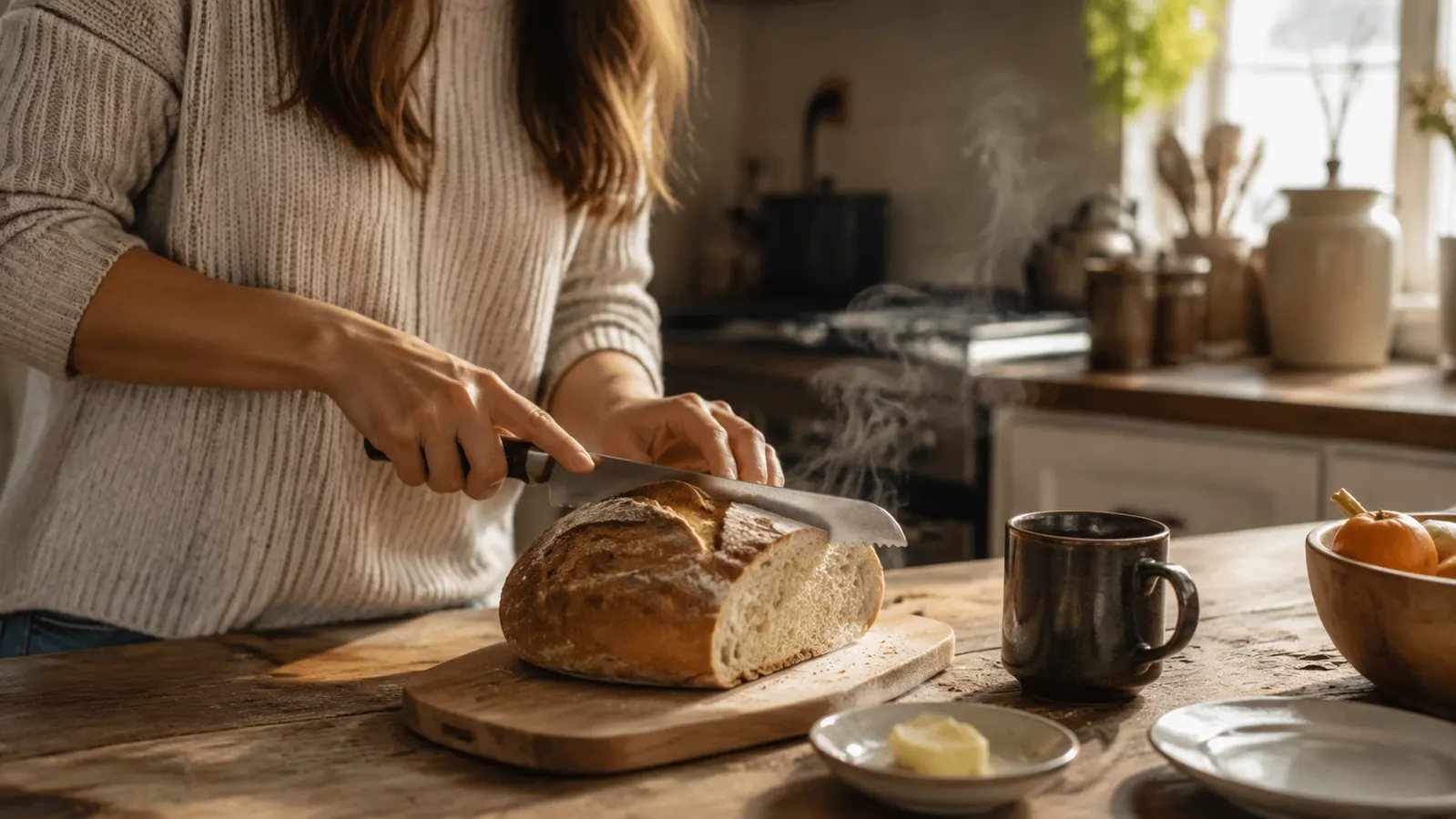 Family slicing a fresh warm loaf of homemade bread at the kitchen table