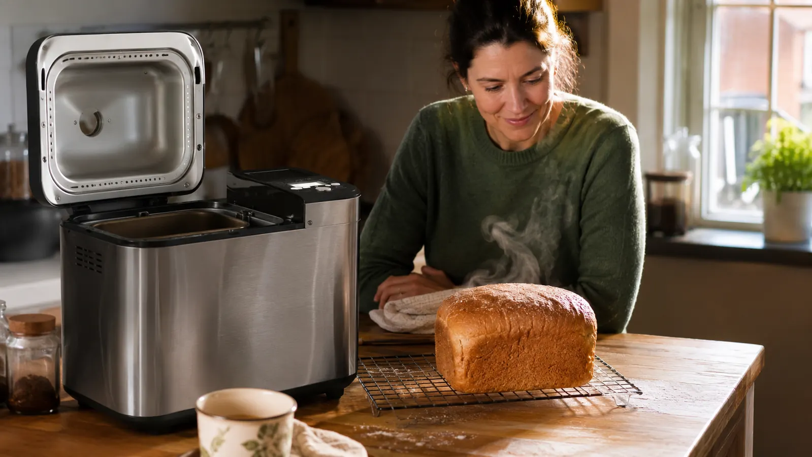 Fresh baked golden loaf of bread cooling on a wire rack next to a stainless steel bread machine on a kitchen counter