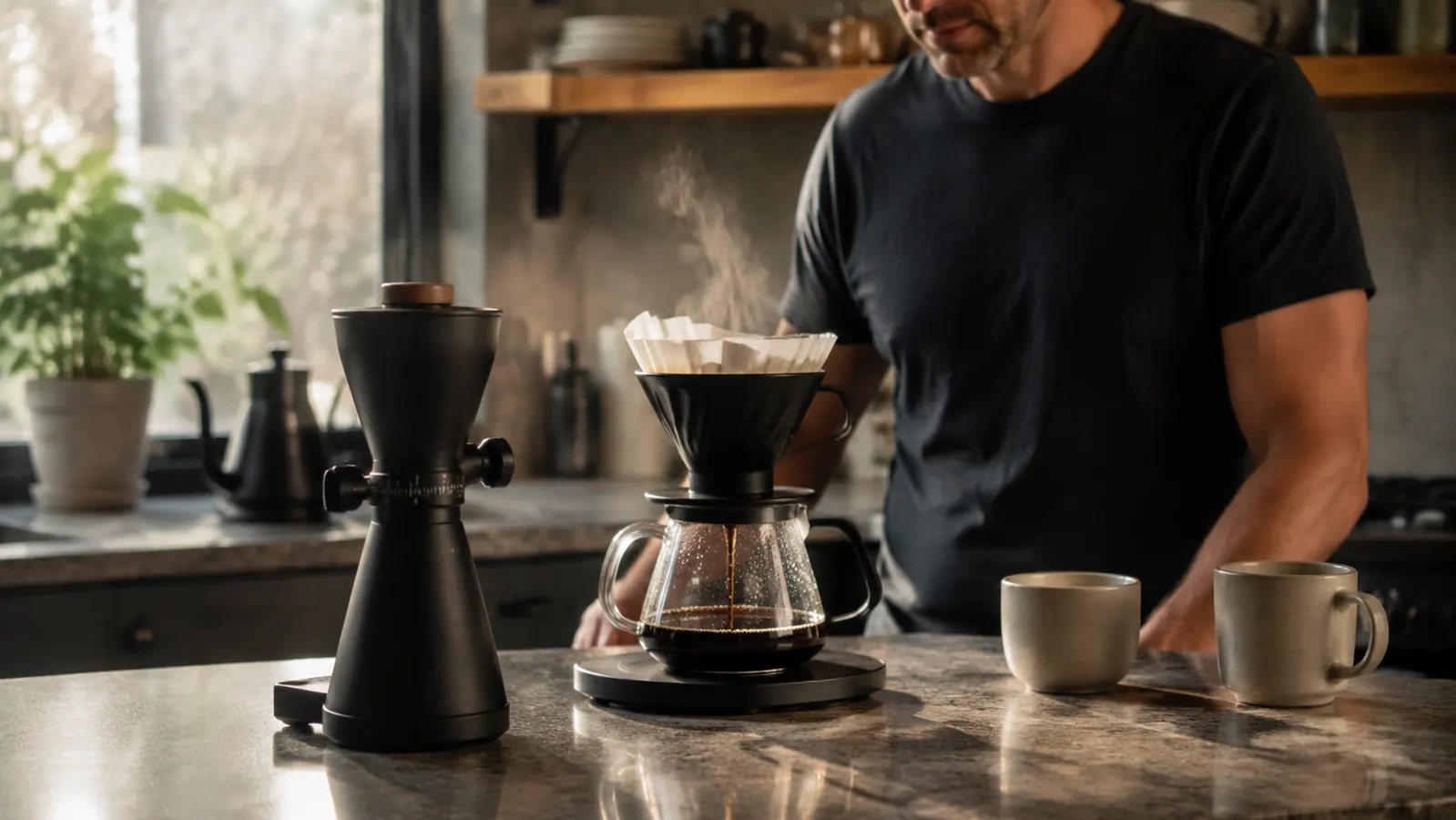 OXO Brew Conical Burr Grinder on a kitchen counter beside a pour-over coffee setup in morning light