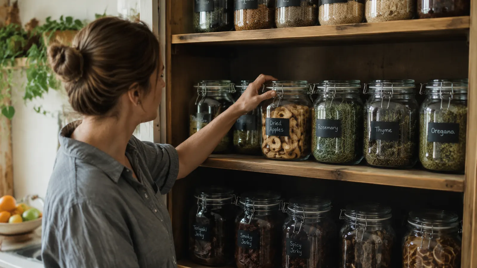 Glass jars of dried herbs, dried apple rings, and jerky lined up on an open pantry shelf