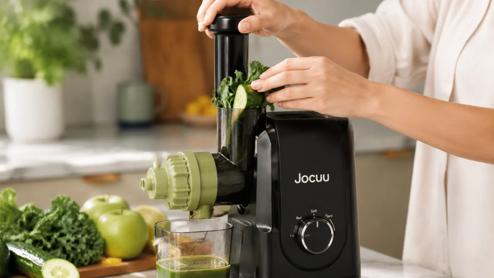 Hand feeding cucumber and kale into the chute of a masticating juicer