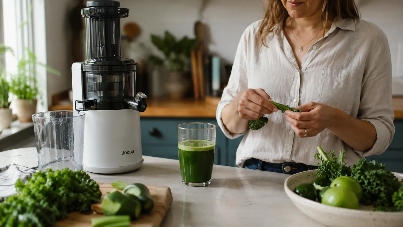 Glass of fresh green juice next to a masticating juicer on a sunlit kitchen counter