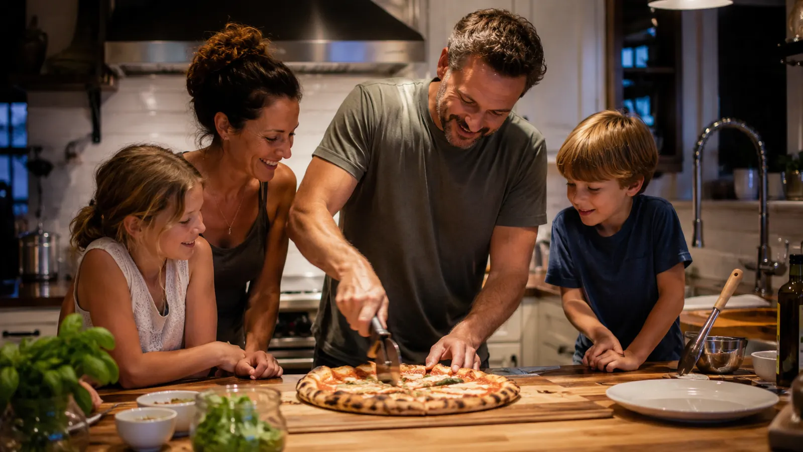 Family gathered around a kitchen counter slicing a fresh pizza cooked in a countertop pizza oven