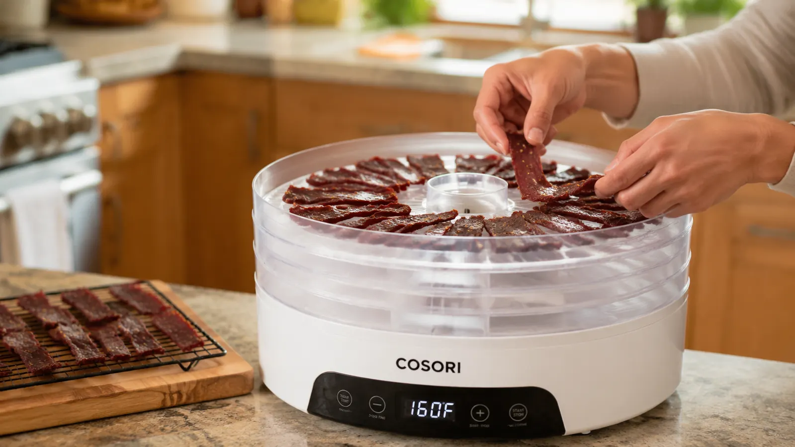 Hands laying marinated strips of beef onto the trays of the Cosori Food Dehydrator
