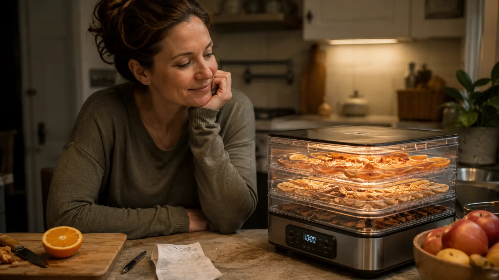 Kitchen counter at dusk with a food dehydrator running, a bowl of dried apple chips, and a grocery receipt set to the side