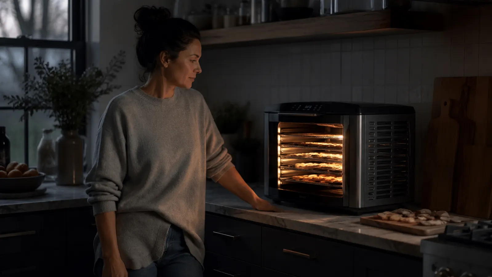 Cosori Food Dehydrator running on a dim kitchen counter at night with a woman checking a tray of apple rings