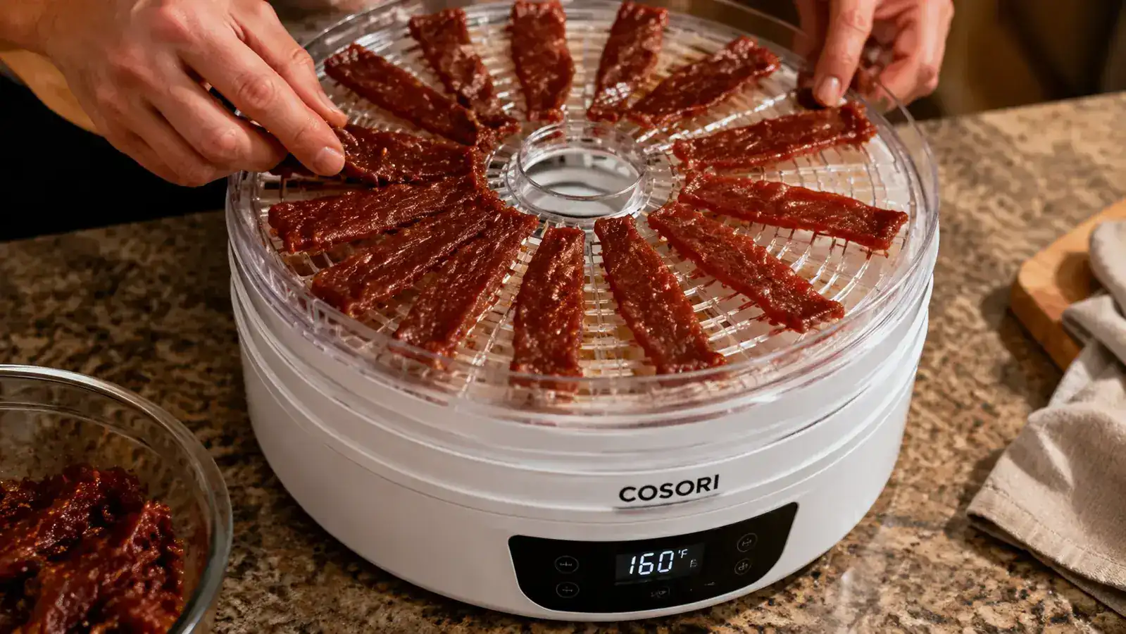 Hand loading marinated flank steak strips onto a Cosori dehydrator tray