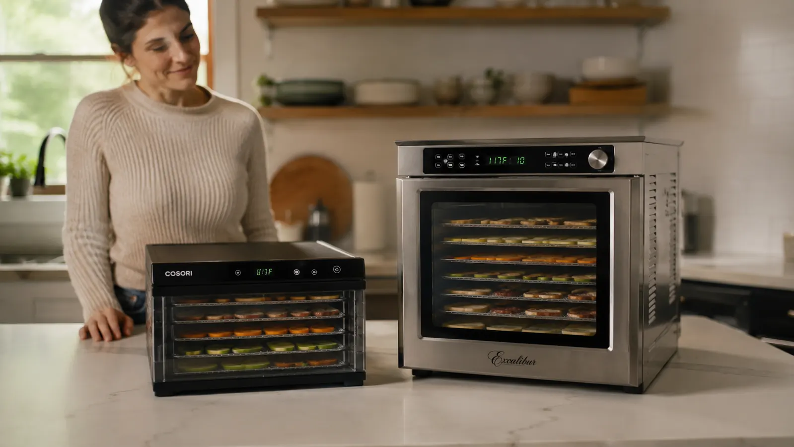 Two food dehydrators side by side on a countertop, one compact with plastic trays and one taller with stainless steel trays
