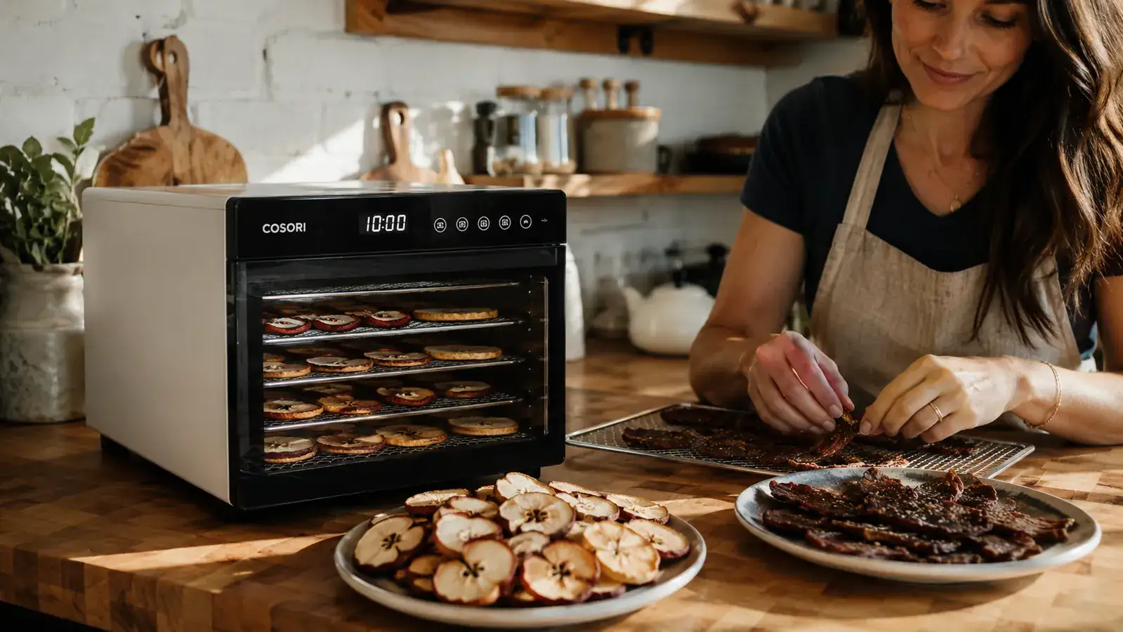 Cosori food dehydrator with stacked trays sitting on a kitchen counter next to trays of apple chips and jerky