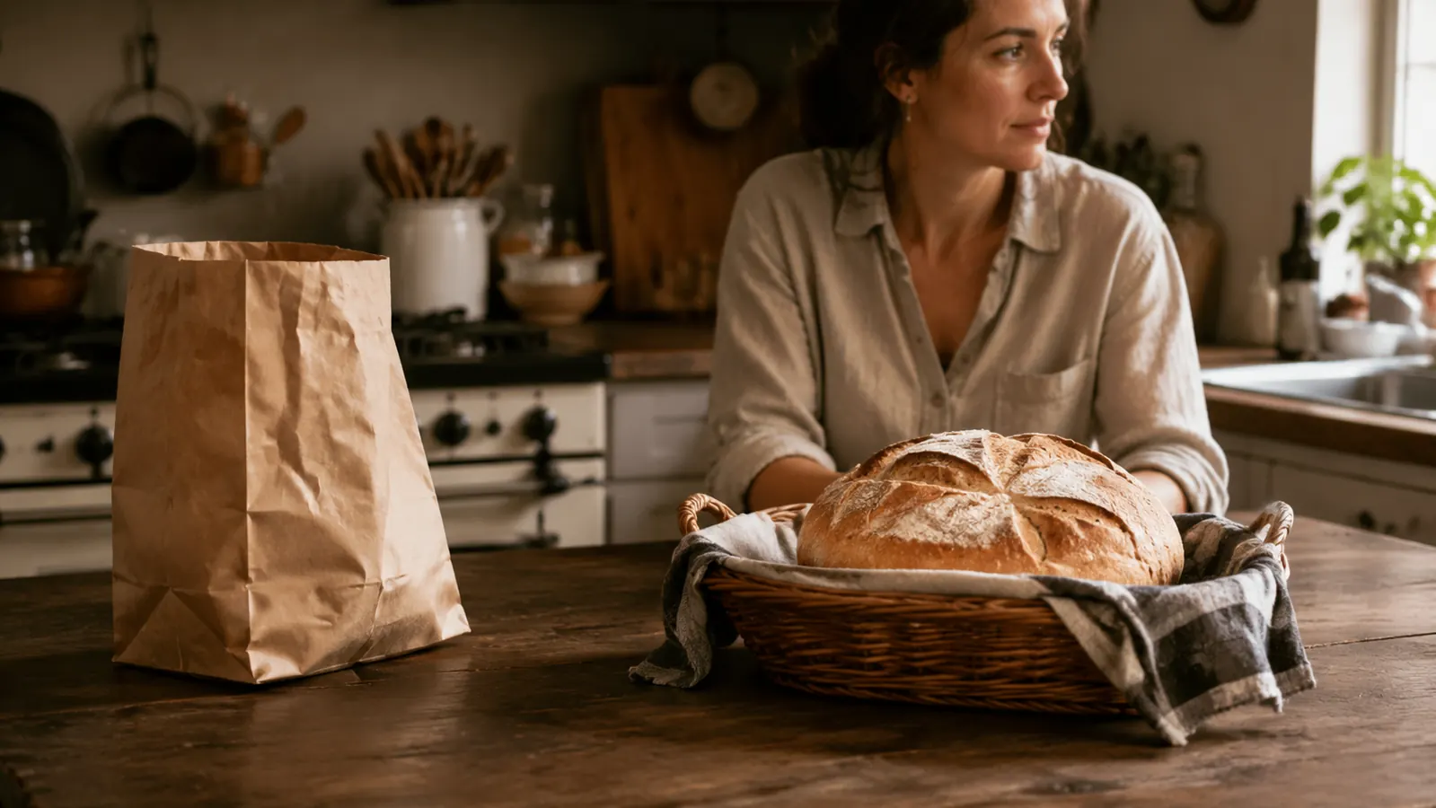 Empty bakery-style paper bag and receipt tossed beside a full bread basket at home, showing the switch away from bakery runs