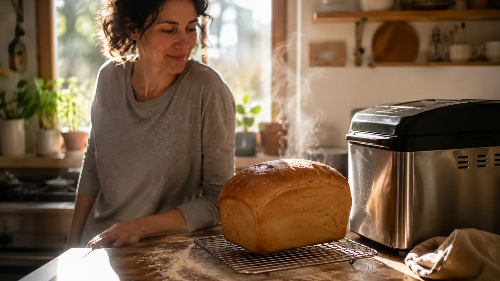 Warm kitchen counter at sunrise with a fresh loaf of bread cooling next to a stainless steel bread machine