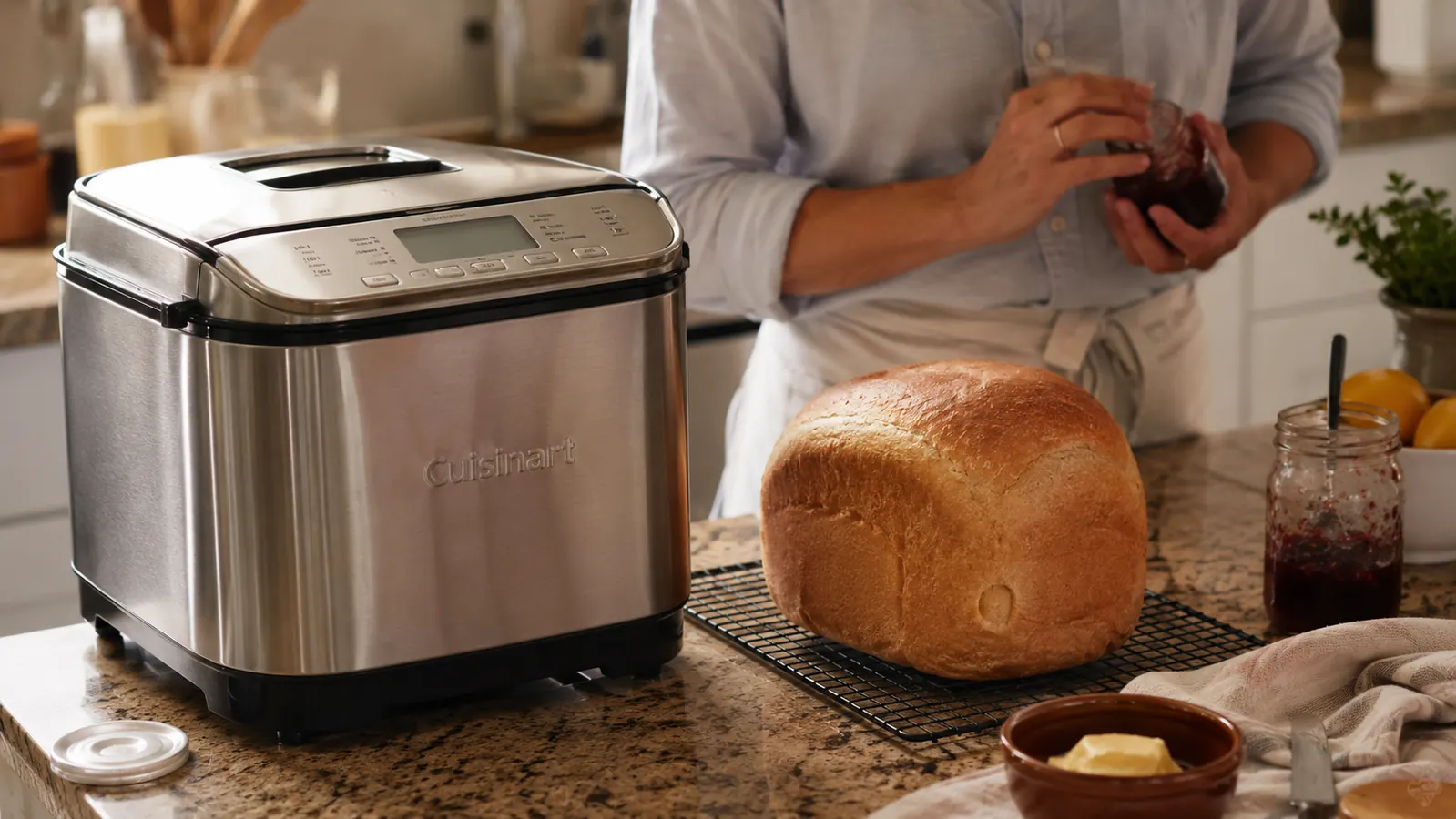 Cuisinart Bread Maker on a kitchen counter with a loaf turned upside down showing the paddle hole in the bottom