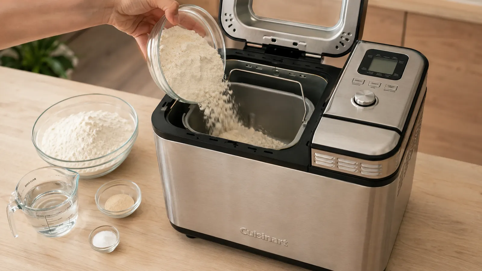 Hand adding flour to the Cuisinart Bread Maker's removable bread pan before starting a cycle