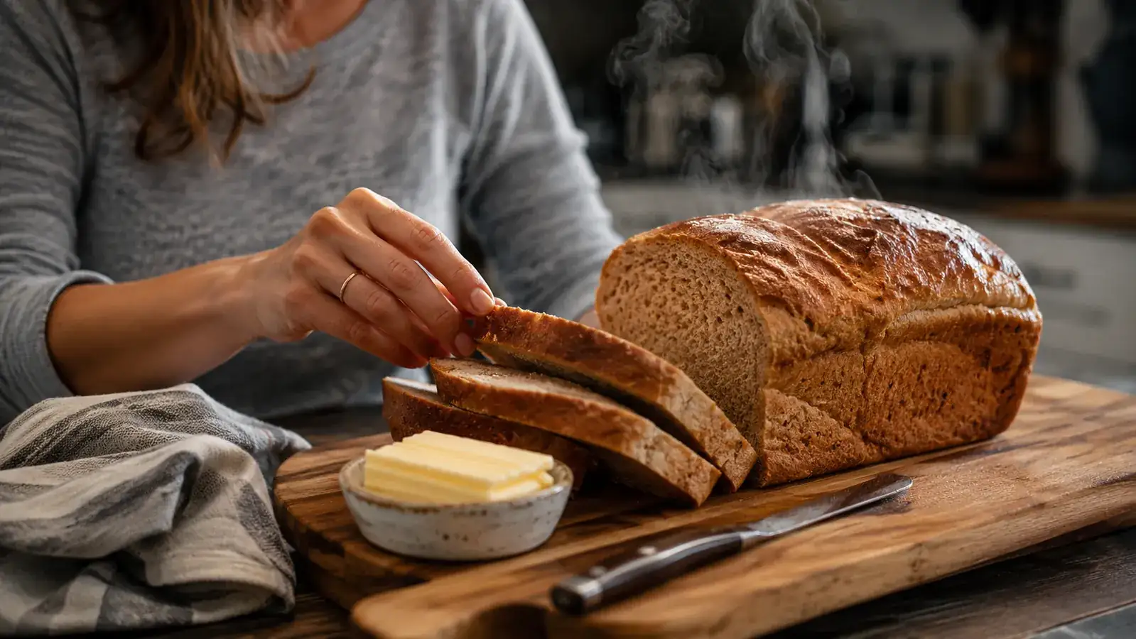Sliced homemade whole wheat bread on a cutting board with butter and a knife, made in the Cuisinart Bread Maker