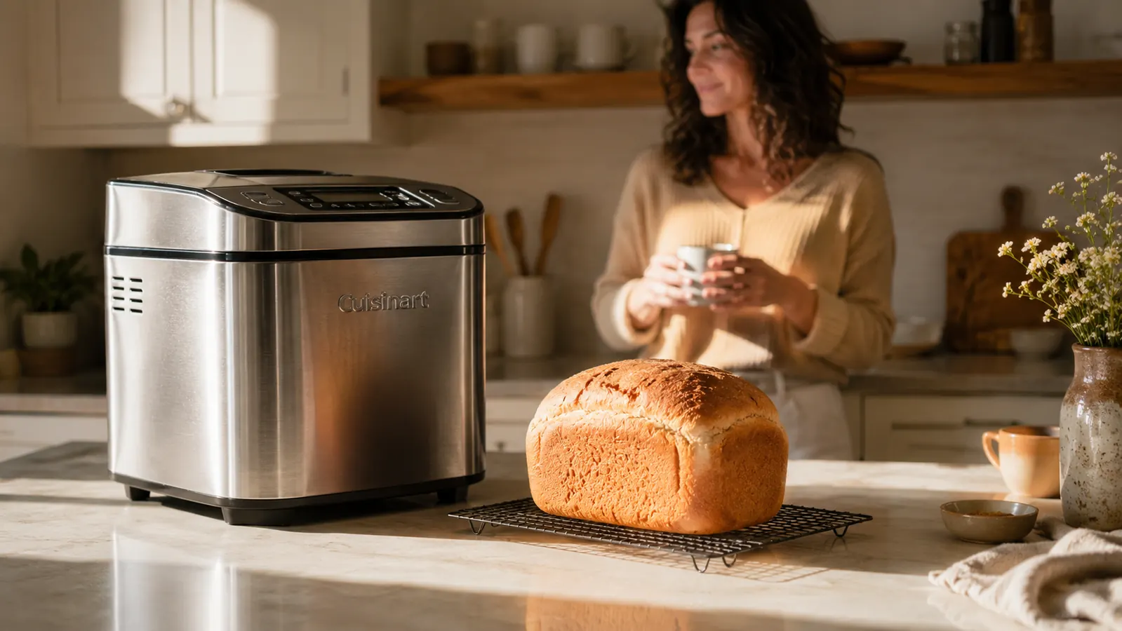 Stainless steel Cuisinart Bread Maker sitting on a kitchen counter with a fresh loaf of bread beside it