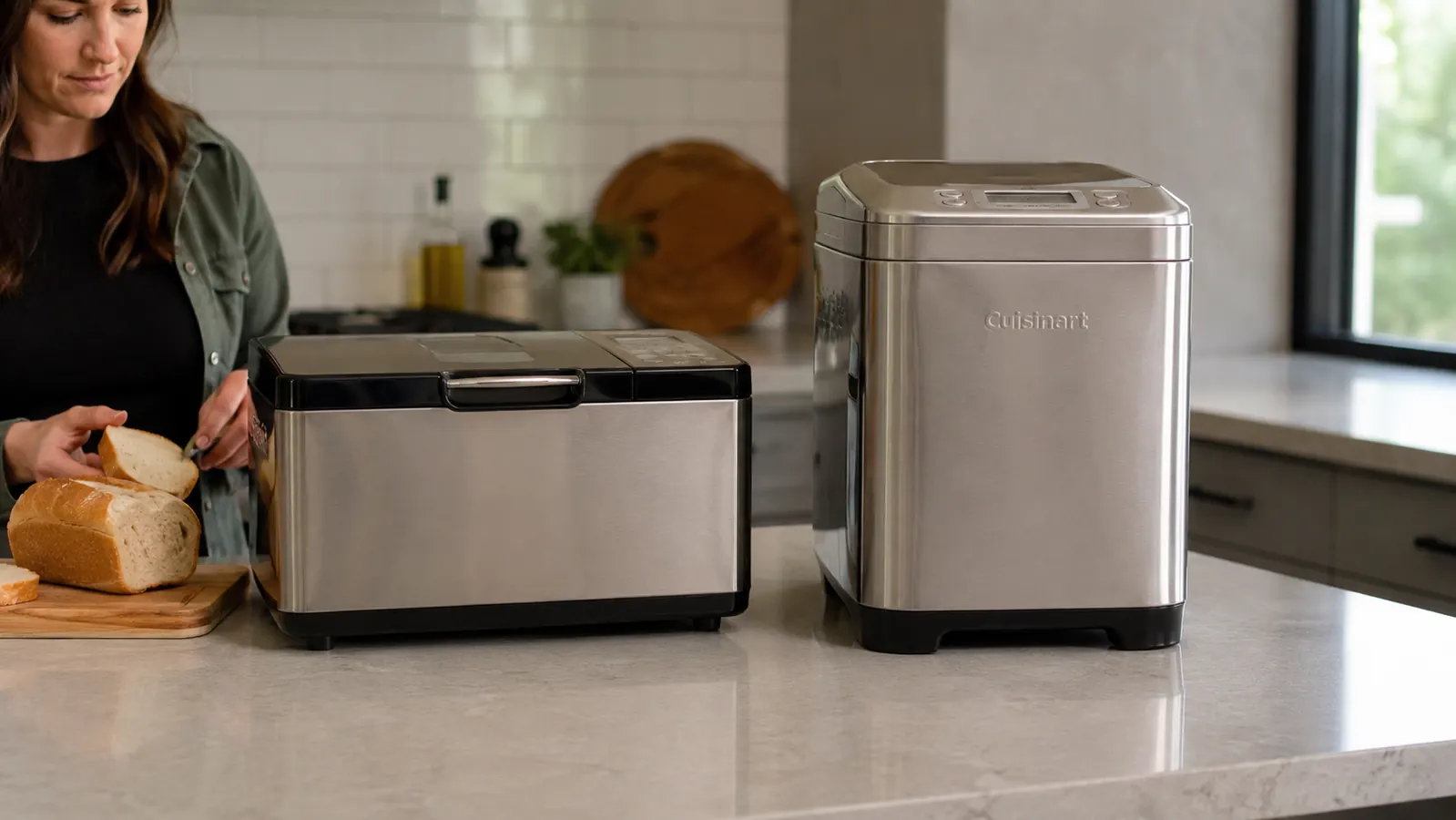 Two bread machines side by side on a countertop, one compact stainless steel model and one taller vertical model