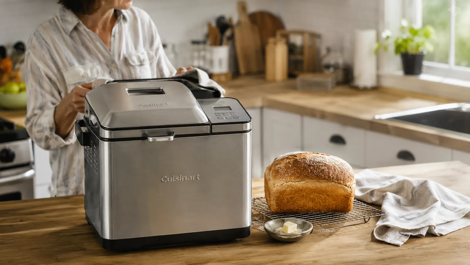 Stainless steel Cuisinart bread maker sitting on a kitchen counter next to a cooling loaf of bread