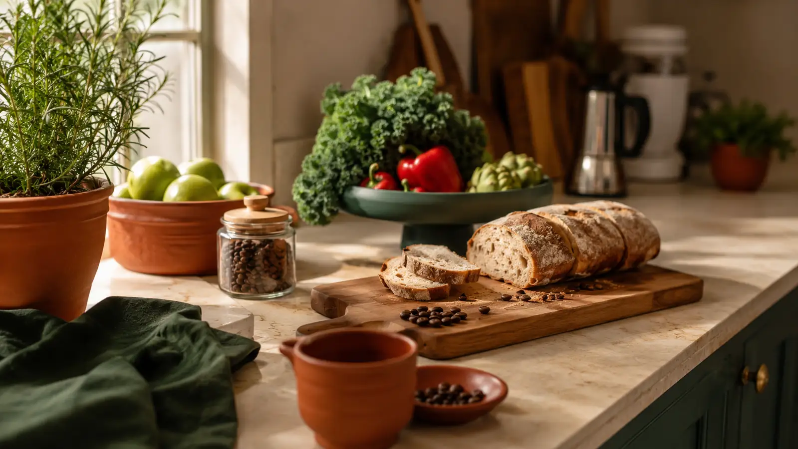 A bright home kitchen counter with fresh produce, a cutting board, and well-used kitchen gadgets in warm natural light