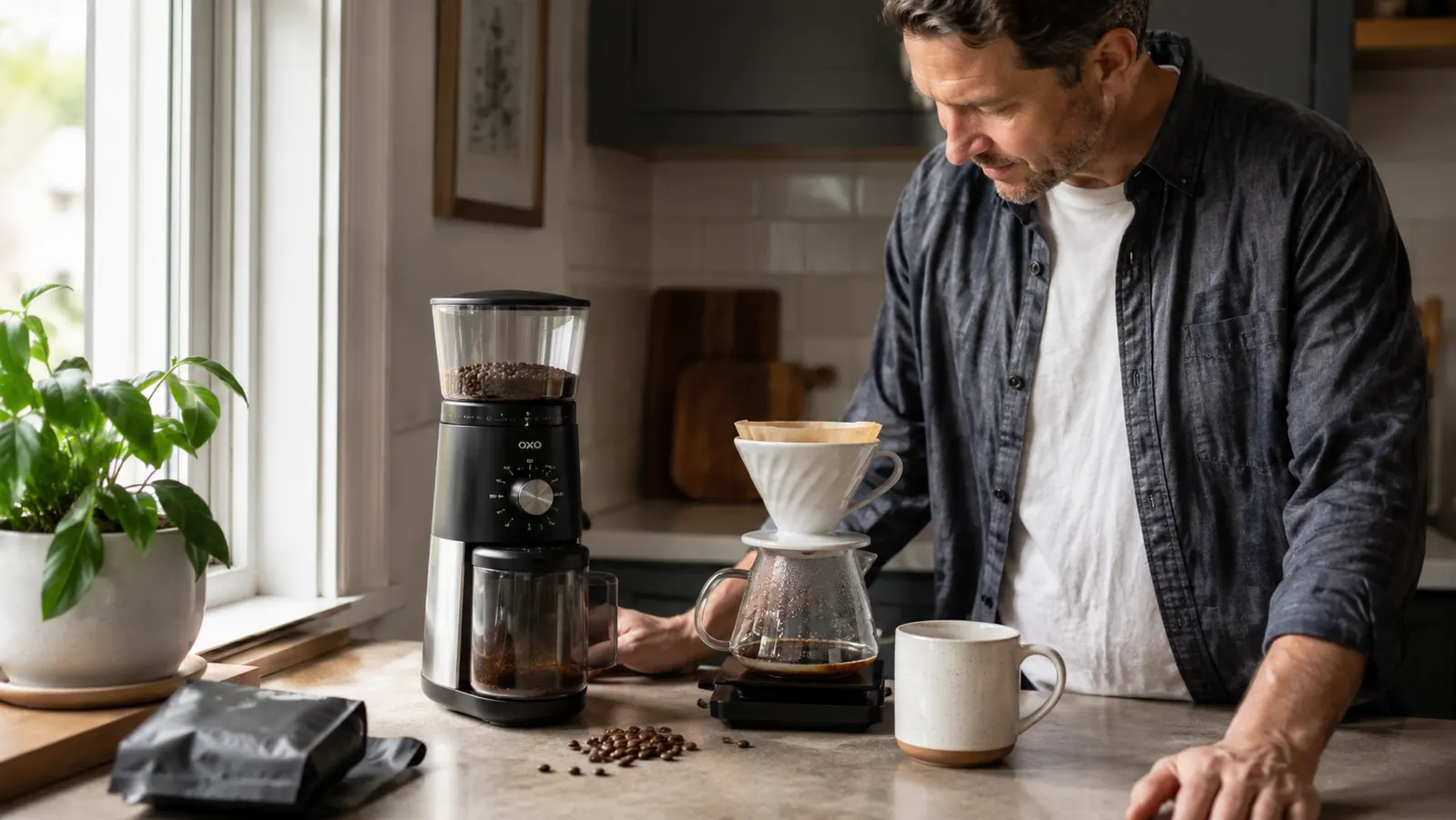 Matte black OXO Brew Conical Burr Grinder on a kitchen counter with a small bowl of fresh grounds beside it