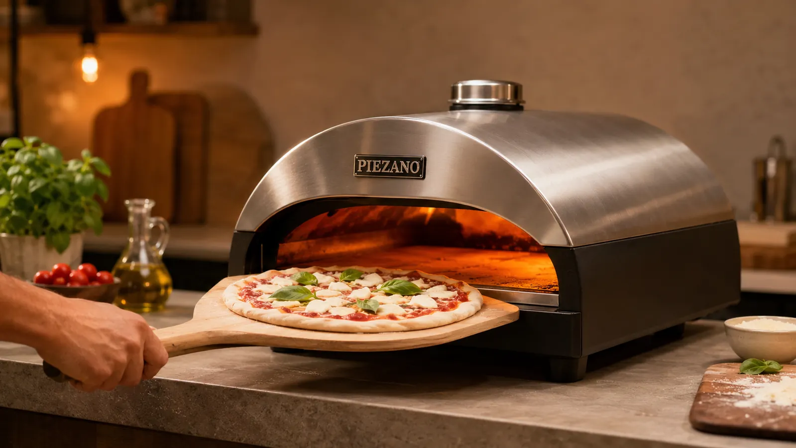 Hand sliding a raw pizza dough round dusted with semolina onto the hot ceramic stone inside the PIEZANO pizza oven