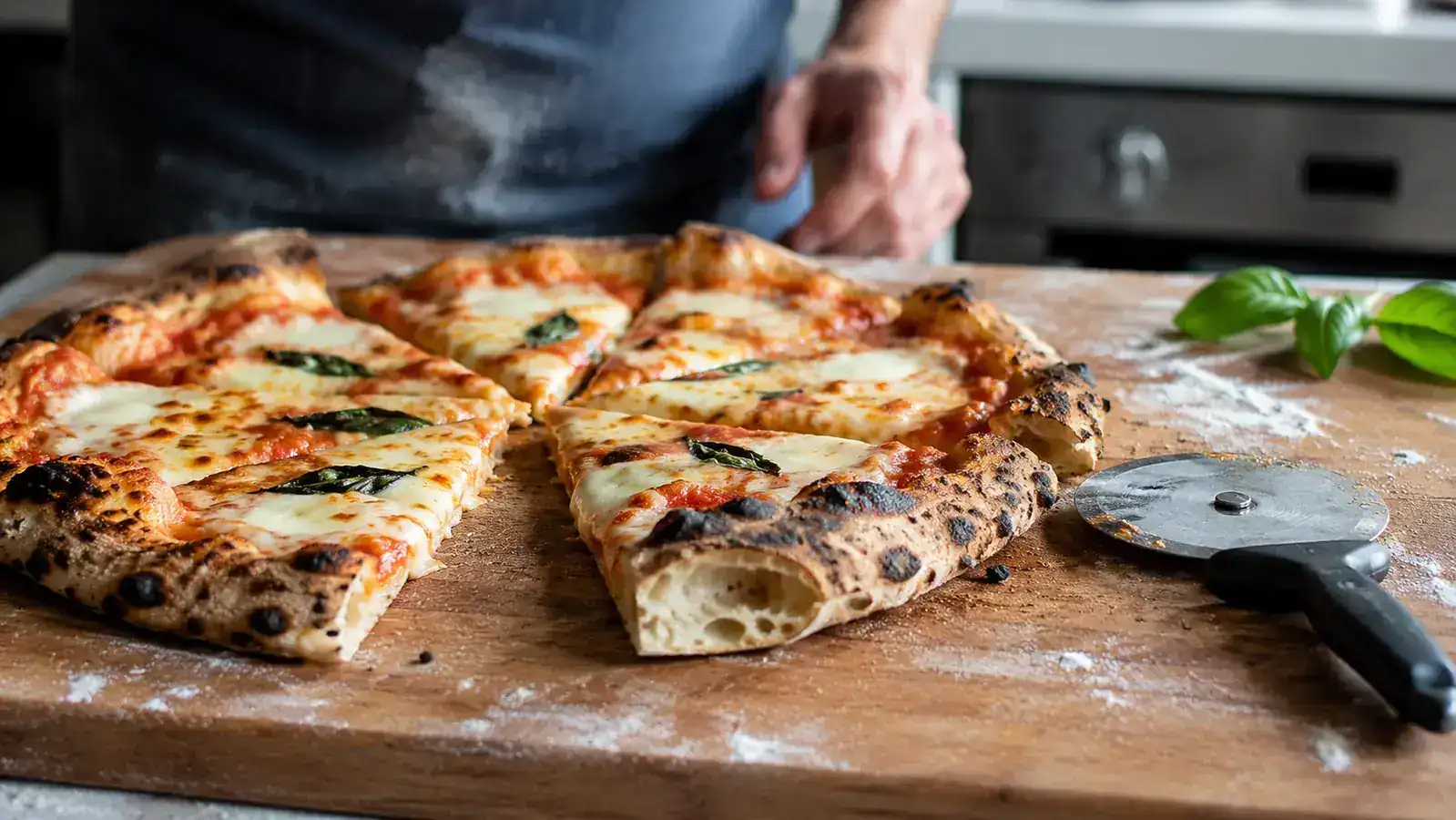 Sliced homemade pizza with a charred, crisp crust edge and open airy rim on a wooden cutting board