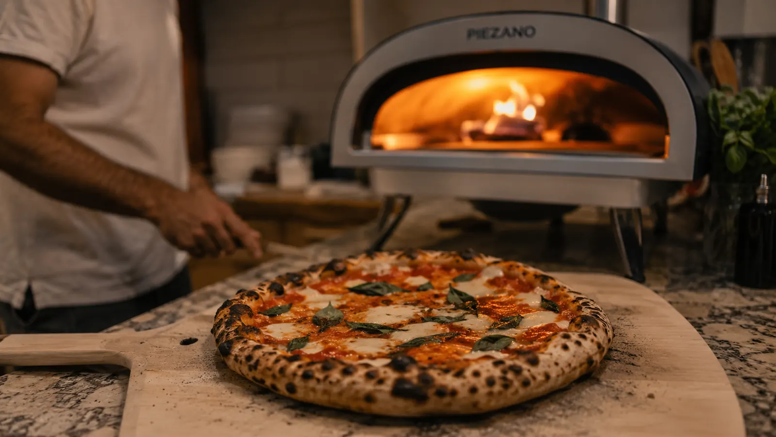 Crispy, blistered pizza crust with dark leopard spotting resting on a wooden pizza peel next to a PIEZANO countertop pizza oven