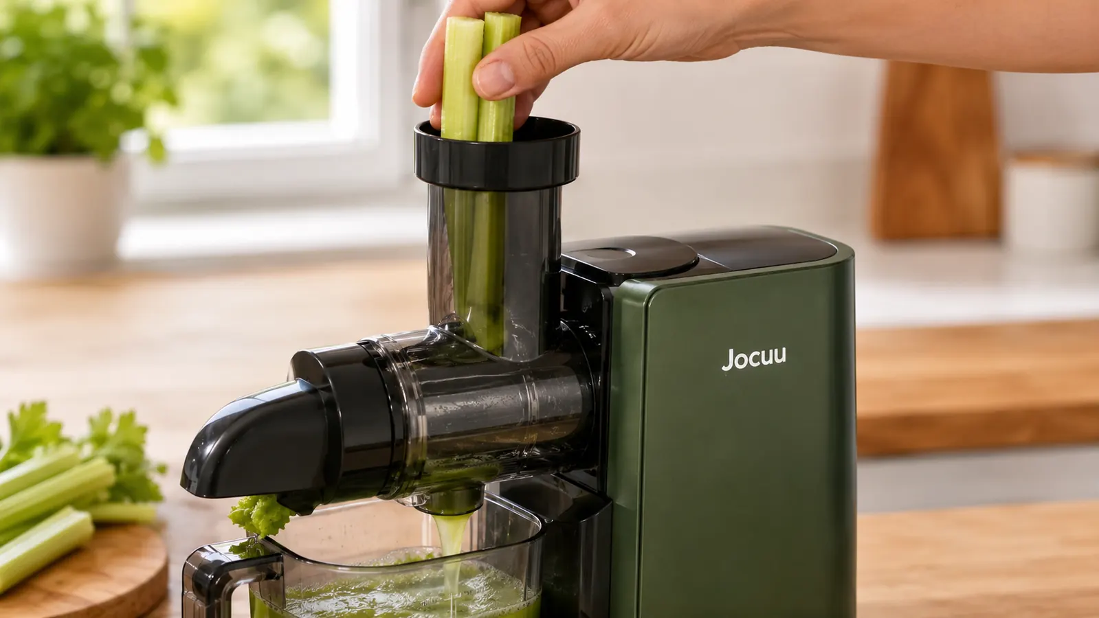 Hand feeding pre-cut celery stalks into the feed chute of the Jocuu masticating juicer