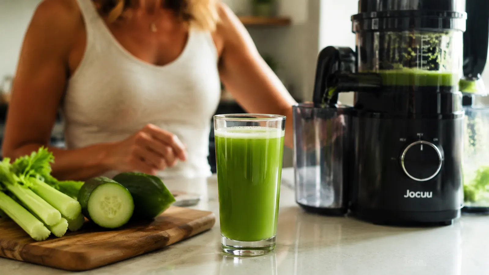 Tall glass of fresh green juice next to a Jocuu masticating juicer on a sunny kitchen counter