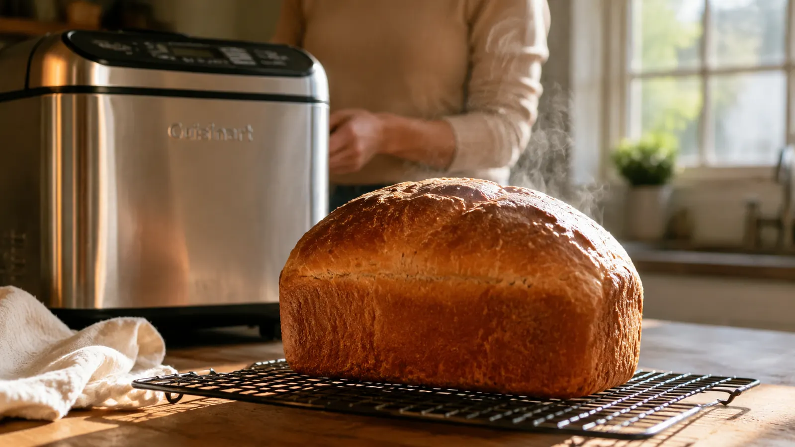 Golden brown crusty loaf of bread cooling on a wire rack next to a Cuisinart Bread Maker on a kitchen counter