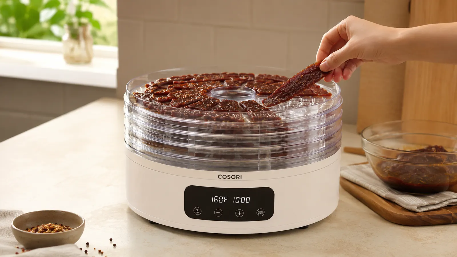 Hand laying marinated beef strips onto a Cosori dehydrator tray with space between each piece