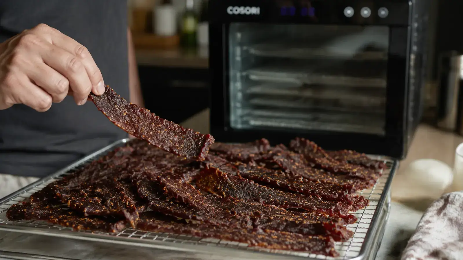 Finished beef jerky strips cooling on a wire rack next to the Cosori dehydrator