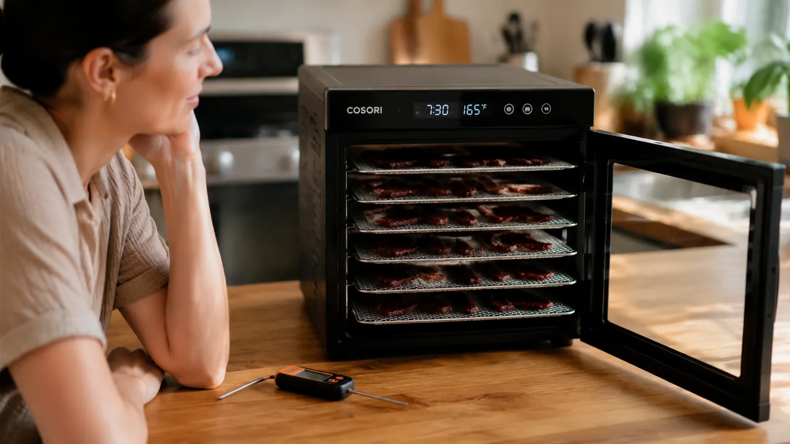Cosori Food Dehydrator running on a kitchen counter with trays of beef jerky strips visible through the door, morning light