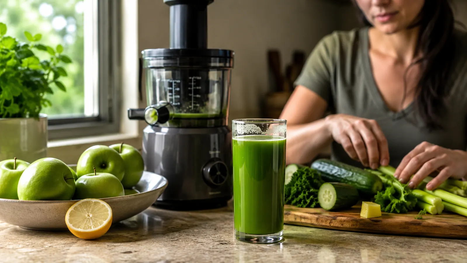 A glass of fresh green juice on a sunlit kitchen counter next to a slow masticating juicer