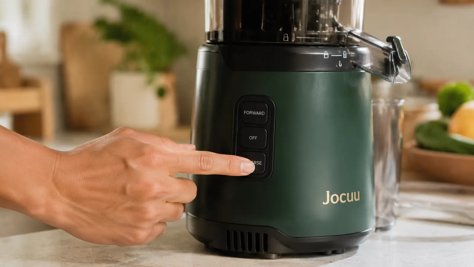 Hand pressing the reverse button on the Jocuu masticating juicer after the auger jammed on a piece of carrot