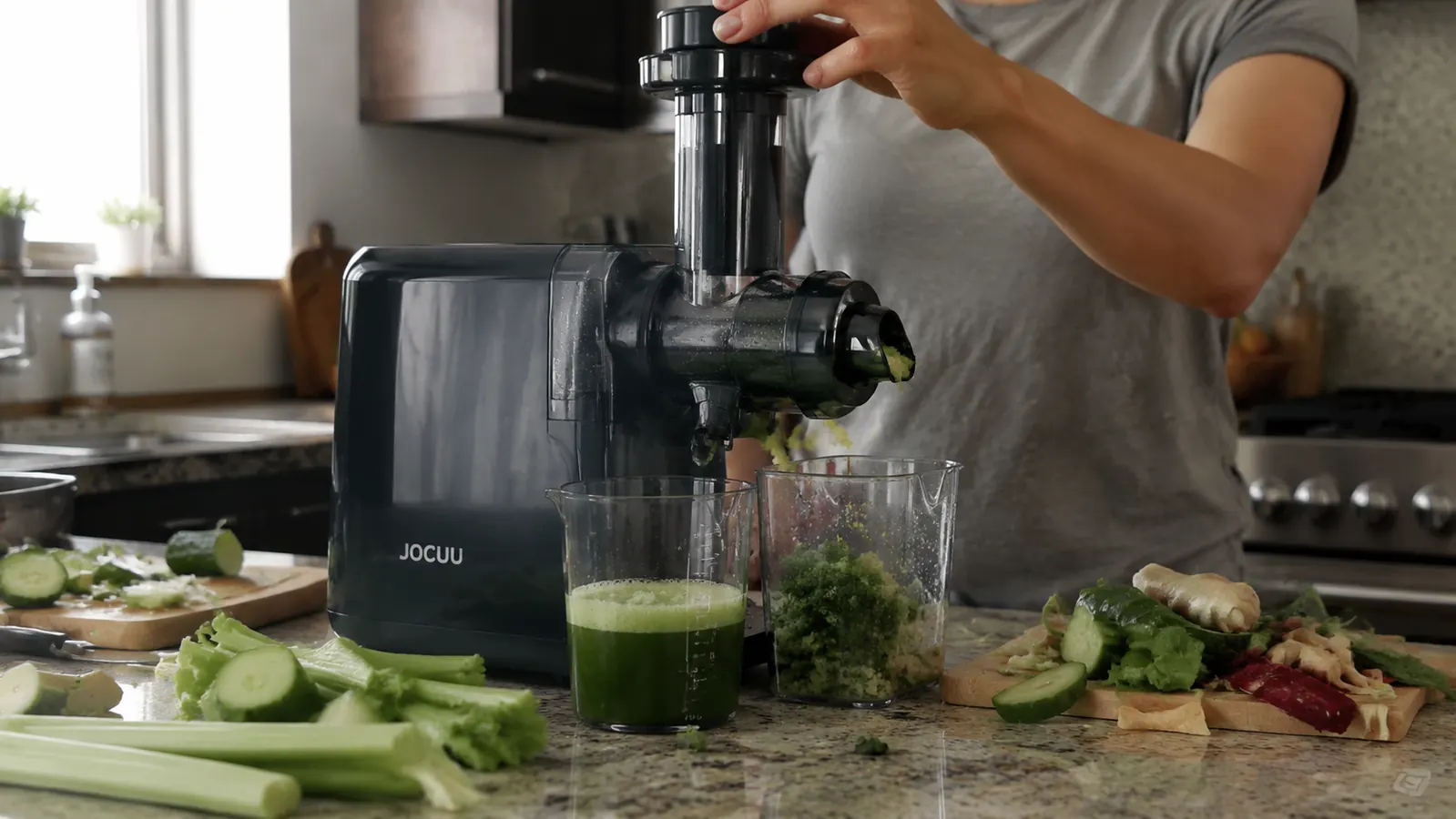 Jocuu Slow Masticating Juicer on a kitchen counter surrounded by cut produce scraps and a cutting board mid-prep
