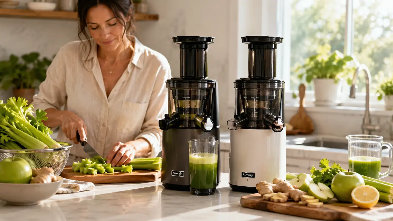 Jocuu and Ninja cold press juicers side by side on a kitchen counter with fresh celery, apples, and ginger