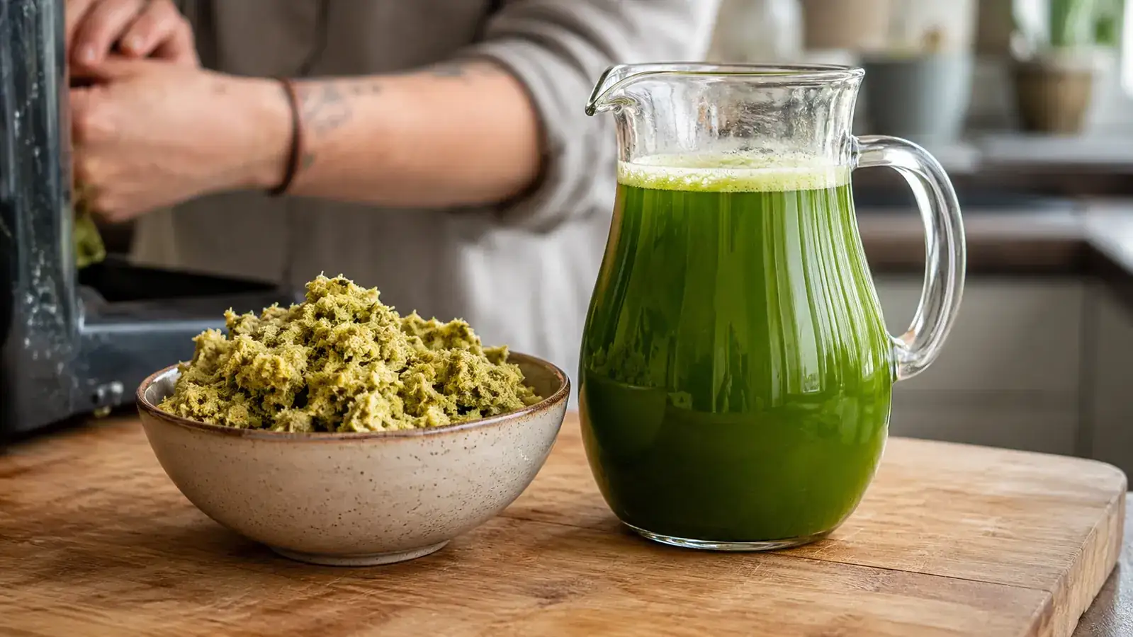 Dry, crumbly pulp collected from the Jocuu juicer's pulp container next to a full pitcher of cold-pressed juice