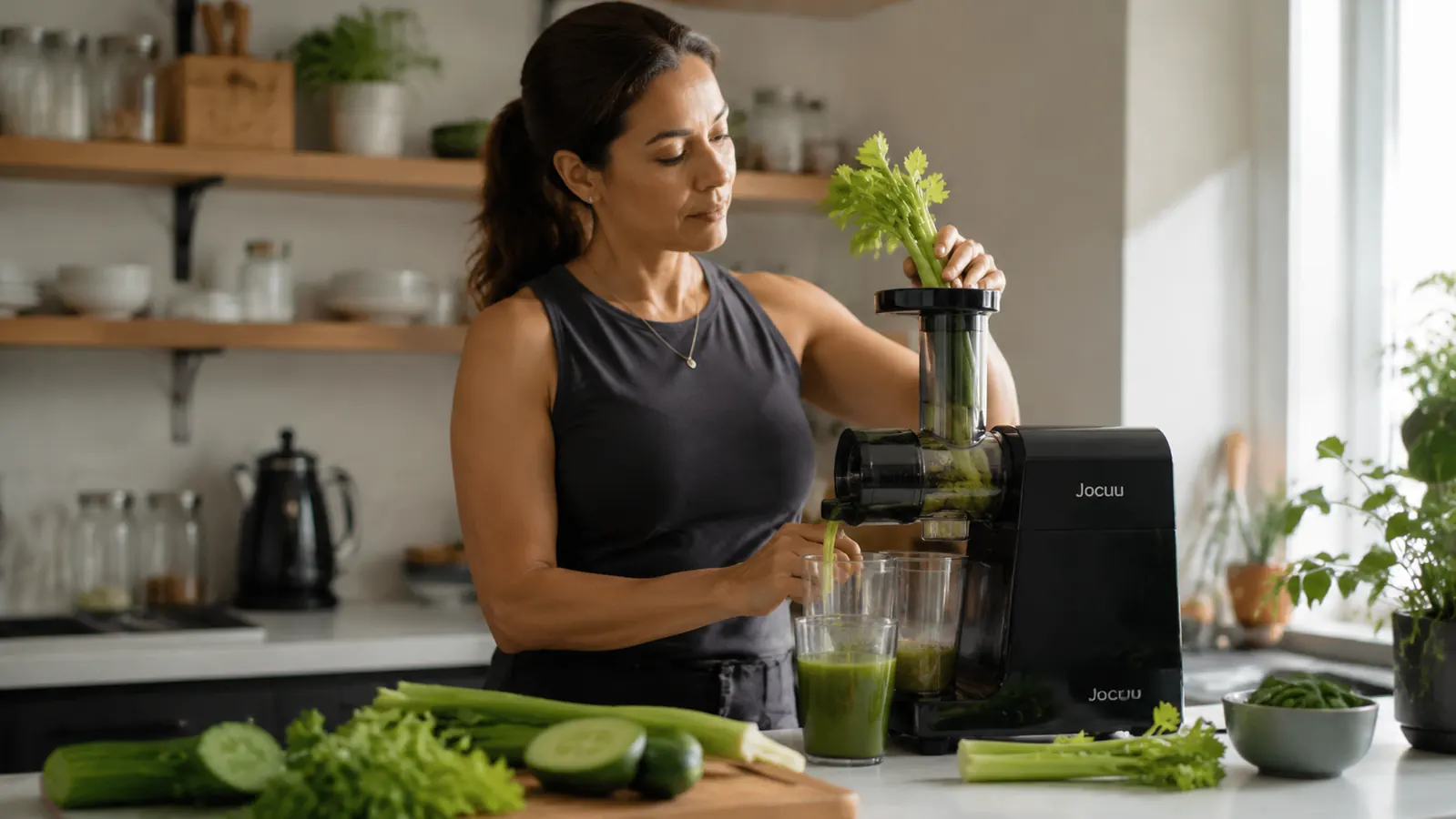 Jocuu Slow Masticating Juicer sitting on a sunlit kitchen counter with a glass of fresh green juice beside it