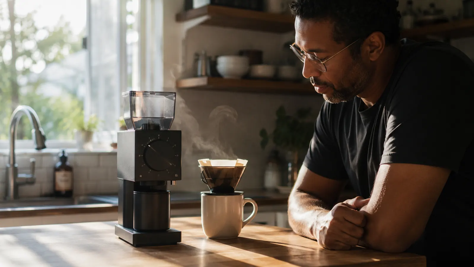 Matte black OXO Brew Conical Burr Grinder on a kitchen counter beside a fresh cup of pour-over coffee