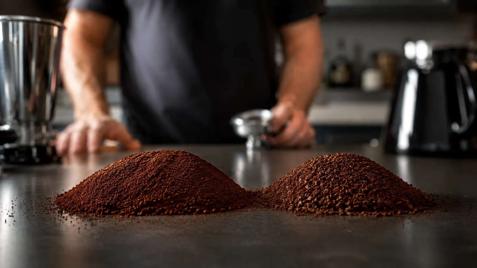 Close-up of two piles of ground coffee, one finer and more even, one slightly coarser with visible fines