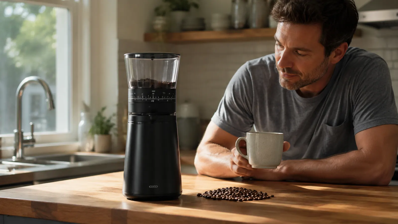Matte black OXO Brew Conical Burr Grinder sitting on a kitchen counter next to a bag of whole bean coffee