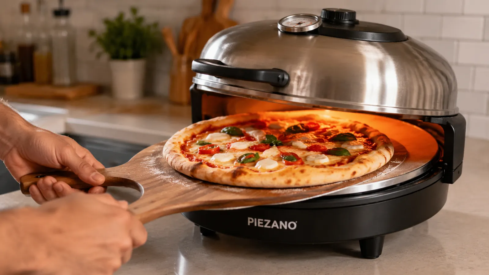Hands sliding a raw pizza on a wooden peel onto the ceramic stone inside the countertop pizza oven