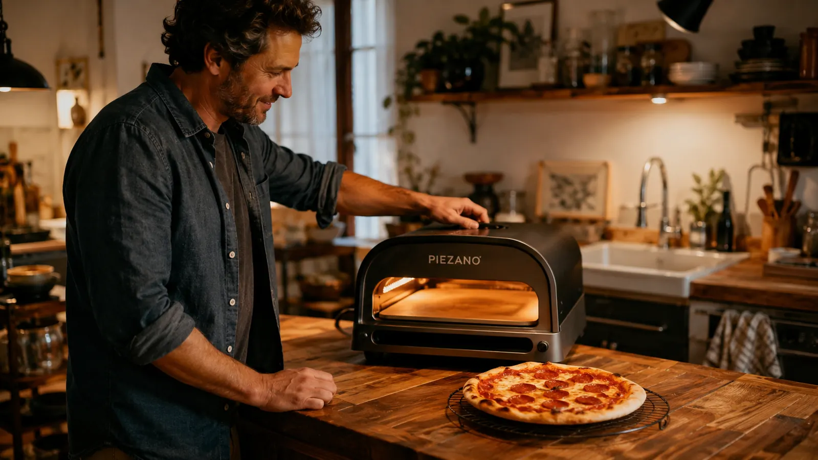 PIEZANO 12 inch electric pizza oven on a kitchen counter with a finished pepperoni pizza cooling beside it