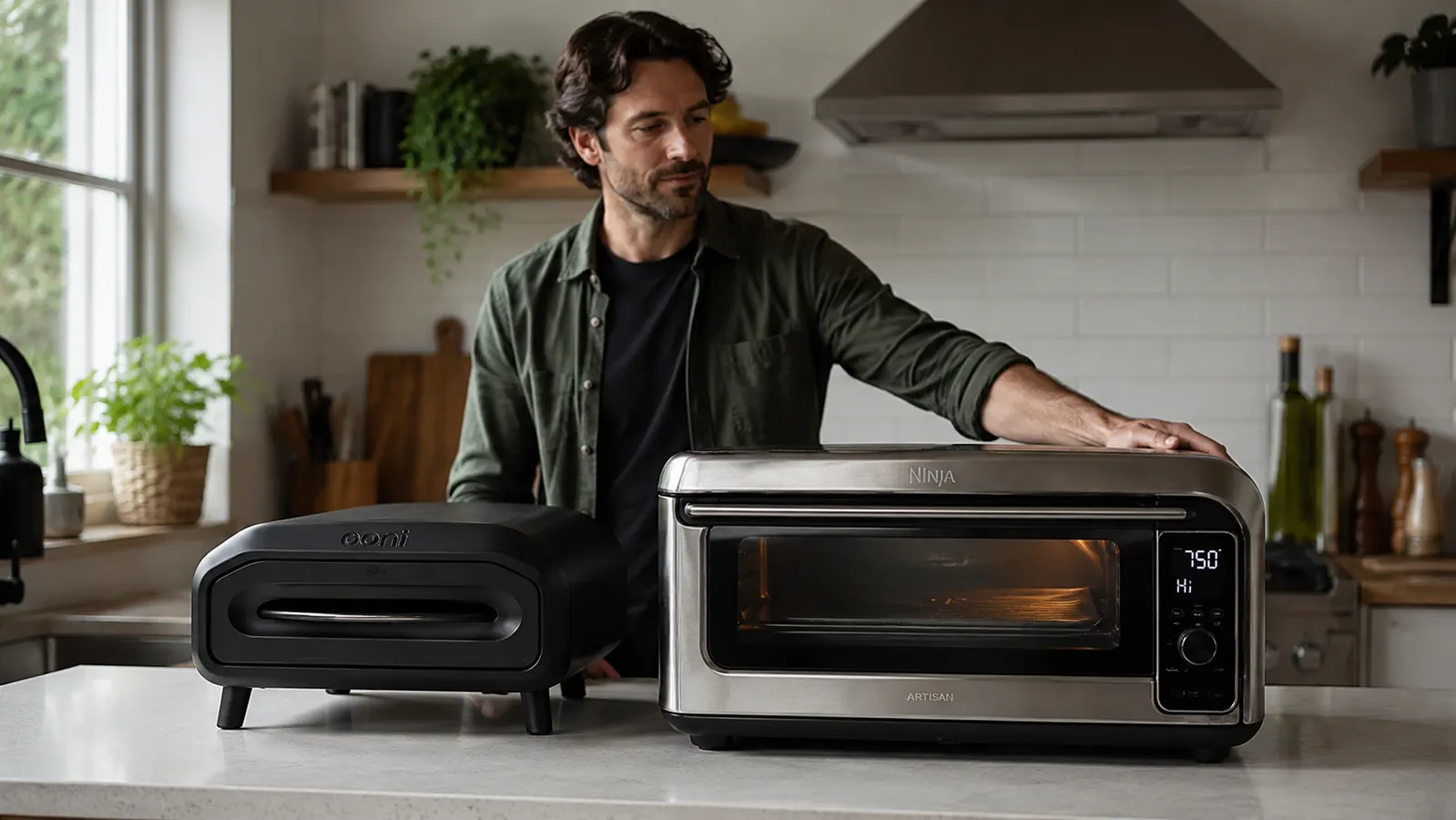 Two countertop pizza ovens side by side on a kitchen counter, one compact black unit and one larger stainless unit