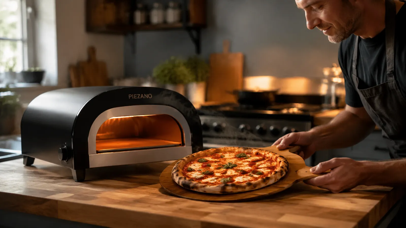 PIEZANO 12-inch electric pizza oven sitting on a kitchen counter with a fresh pizza just pulled out and steam rising